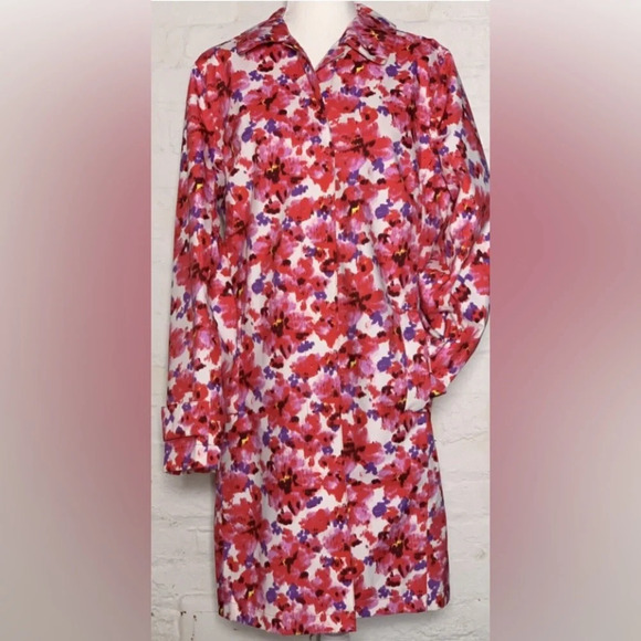 LANDS’ END Sz L Floral Buttoned Pockets Lined Knee  Length Raincoat Trenchcoat - Picture 2 of 14